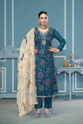 Teal blue viscose organza fabric designer printed with embroidery and hand work festive salwar kameez