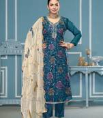 Teal blue viscose organza fabric designer printed with embroidery and hand work festive salwar kameez