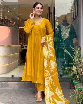 Mustard chinon silk festive wear readymade suit for girlie looks 4