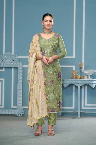 Pista viscose organza fabric designer printed with embroidery and hand work festive salwar kameez