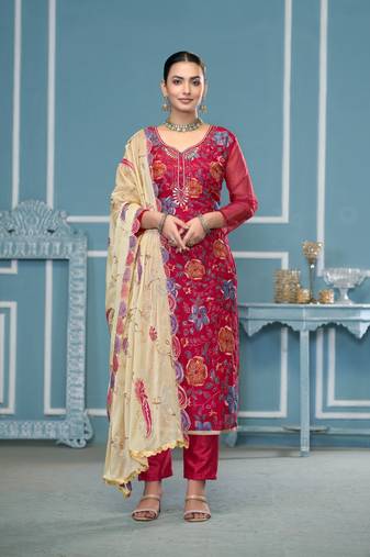 Burgundy viscose organza fabric designer printed with embroidery and hand work festive salwar kameez