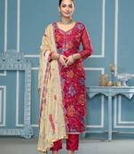 Burgundy viscose organza fabric designer printed with embroidery and hand work festive salwar kameez