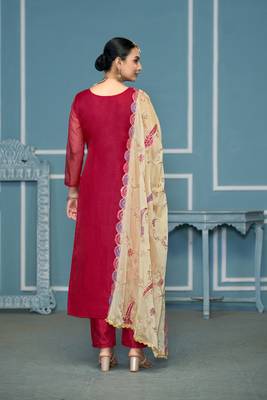 Burgundy viscosee organza fabric printed with embroidery and hand work festive salwar kameez 2