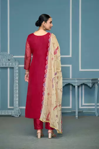 Burgundy viscosee organza fabric printed with embroidery and hand work festive salwar kameez