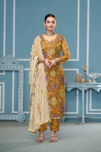 Mustard viscose organza fabric designer printed with embroidery and hand work festive salwar kameez