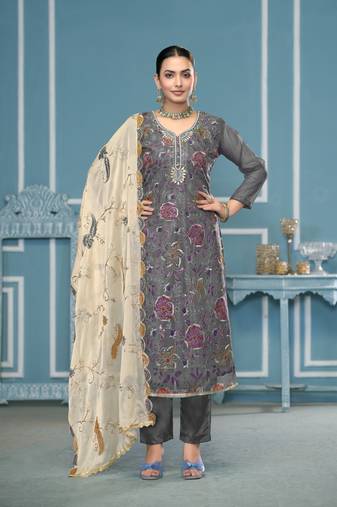 Grey viscose organza fabric designer printed with embroidery and hand work festive salwar kameez