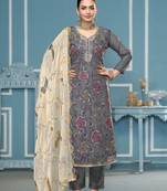 Grey viscose organza fabric designer printed with embroidery and hand work festive salwar kameez