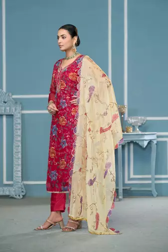Burgundy viscosee organza fabric printed with embroidery and hand work festive salwar kameez