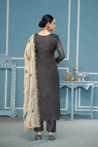 Grey viscosee organza fabric printed with embroidery and hand work festive salwar kameez