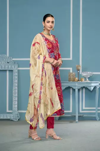 Burgundy viscosee organza fabric printed with embroidery and hand work festive salwar kameez