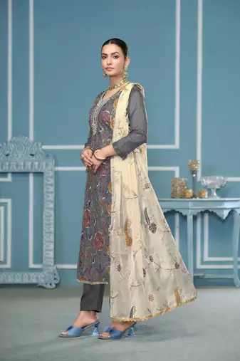 Grey viscosee organza fabric printed with embroidery and hand work festive salwar kameez