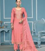 Coral graceful festive roman cotton suit with embroidery with hand work