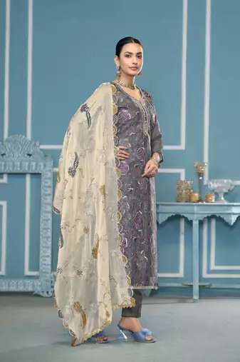 Grey viscosee organza fabric printed with embroidery and hand work festive salwar kameez