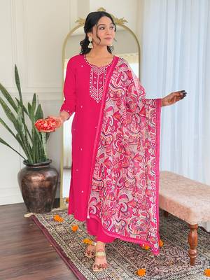Pink rayon fabric designer embroidery work,printed festive wear salwar suit 1