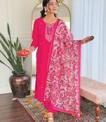Pink rayon fabric designer embroidery work,printed festive wear salwar suit