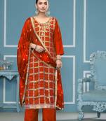 Orange graceful festive banarasi cotton suit with designer wevon with printed and hand work