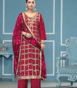 Burgundy graceful festive banarasi cotton suit with designer wevon with printed and hand work