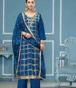 Blue graceful festive banarasi cotton suit with designer wevon with printed and hand work