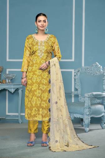Mustard viscose banarasi fabric designer printed with embroidery and hand work heavy suit for girls