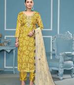 Mustard viscose banarasi fabric designer printed with embroidery and hand work heavy suit for girls