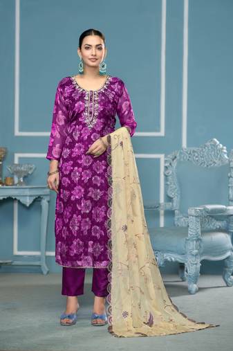 Purple viscose banarasi fabric designer printed with embroidery and hand work heavy suit for girls