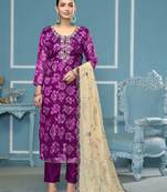 Purple viscose banarasi fabric designer printed with embroidery and hand work heavy suit for girls