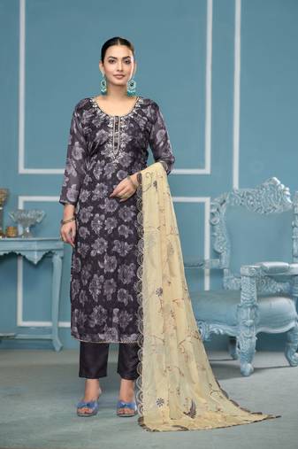 Grey viscose banarasi fabric designer printed with embroidery and hand work heavy suit for girls