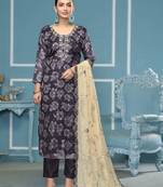 Grey viscose banarasi fabric designer printed with embroidery and hand work heavy suit for girls
