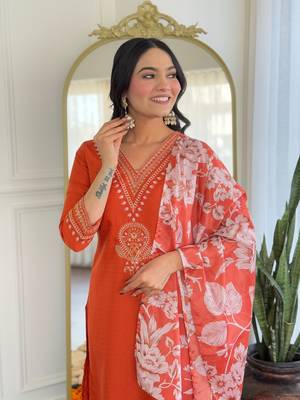 Orange viscose rayon fabric designer embroidery work with printed festive wear salwar suit 3