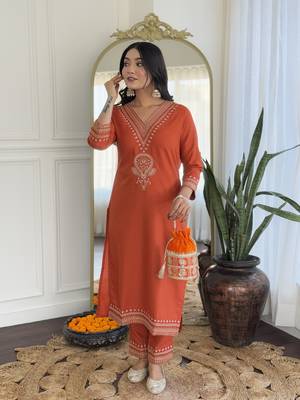 Orange viscose rayon fabric designer embroidery work with printed festive wear salwar suit 4
