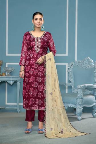 Maroon viscose banarasi fabric designer printed with embroidery and hand work heavy suit for girls