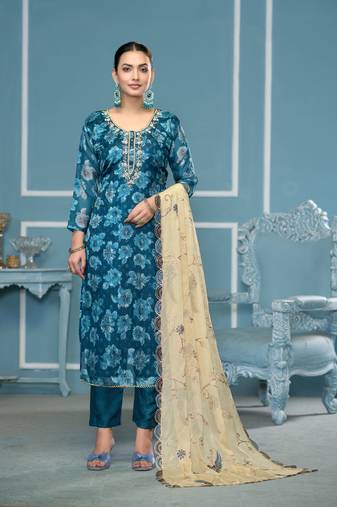 Blue viscose banarasi fabric designer printed with embroidery and hand work heavy suit for girls