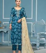 Blue viscose banarasi fabric designer printed with embroidery and hand work heavy suit for girls
