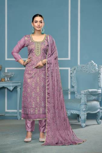Lavender viscose organza fabric designer printed with embroidery and hand work heavy suit for girls