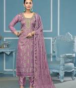 Lavender viscose organza fabric designer printed with embroidery and hand work heavy suit for girls