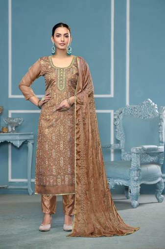 Brown viscose organza fabric designer printed with embroidery and hand work heavy suit for girls