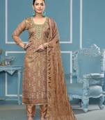 Brown viscose organza fabric designer printed with embroidery and hand work heavy suit for girls
