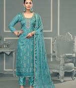 Sky blue viscose organza fabric designer printed with embroidery and hand work heavy suit for girls