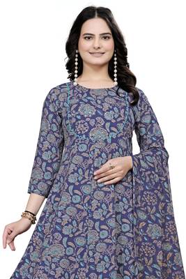 Blue rayon cotton fabric ethnic suit with printed 2