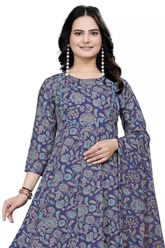 Blue rayon cotton fabric ethnic suit with printed