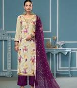 Cream viscose banarasi fabric designer printed with embroidery and hand work heavy suit for girls