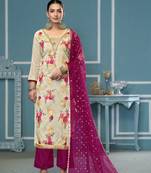 Cream viscose banarasi fabric designer printed with embroidery and hand work heavy suit for girls