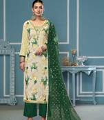 Cream viscose banarasi fabric designer printed with embroidery and hand work heavy suit for girls