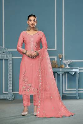 Peach roman cotton fabric embroidery, hand work ethnic salwar suit 1