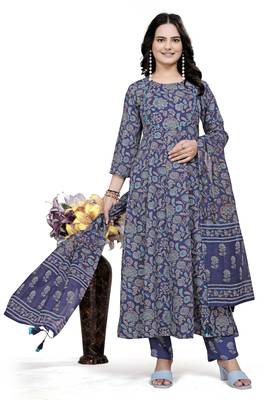 Blue rayon cotton fabric ethnic suit with printed 3