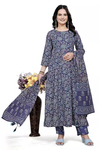 Blue rayon cotton fabric ethnic suit with printed
