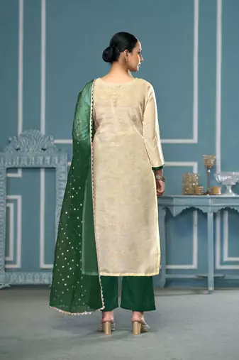 Cream viscosee banarasi fabric printed with embroidery and hand work heavy suit for girls