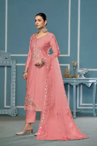 Peach roman cotton fabric embroidery, hand work ethnic salwar suit