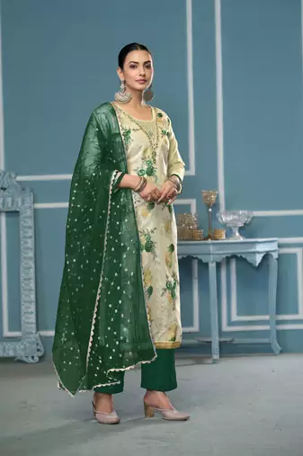 Cream viscosee banarasi fabric printed with embroidery and hand work heavy suit for girls