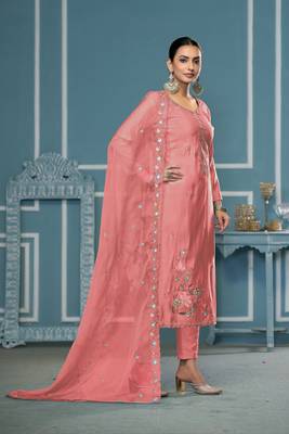 Peach roman cotton fabric embroidery, hand work ethnic salwar suit 4